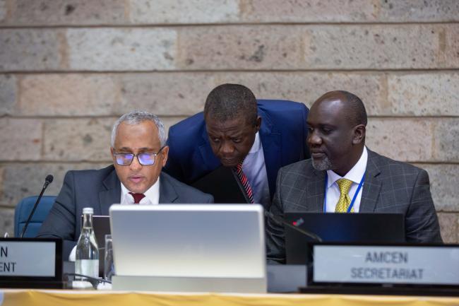 Ibrahim Munir, Minister of Environment, Libya, and AMCEN-20 President, Robert Wabunoha, AMCEN Secretariat and Allan Meso, AMCEN Secretariat_AMCEN20_17Jul25_photo.jpg