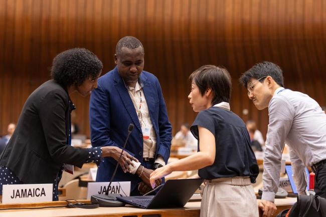 Delegates consult during the session