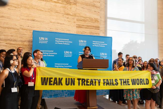 As delegates wait for plenary to begin, representatives of member states, civil society, rights holders, and scientists hold a media stakeout, saying 'a weak UN treaty fails the world'