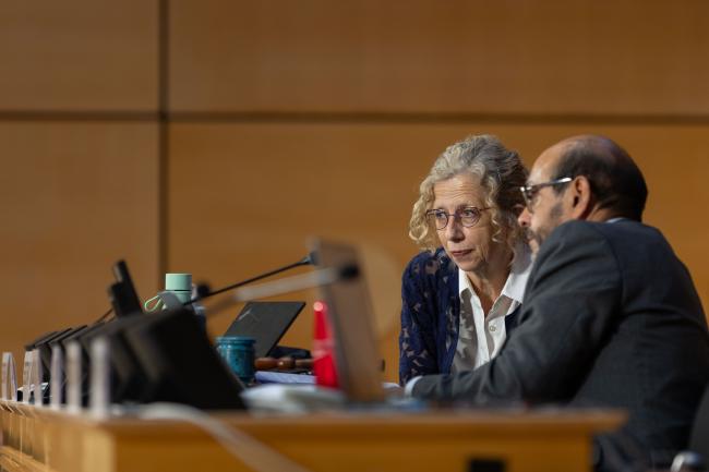Inger Andersen, Executive Director, UNEP, consults with INC Chair Luis Vayas, Ecuador
