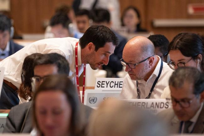 Delegates speak informally during the session
