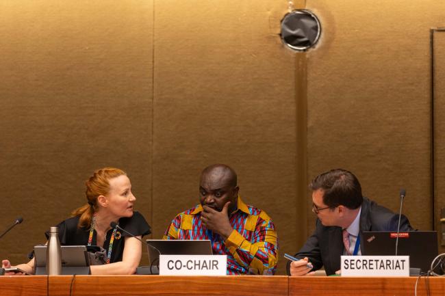 Contact Group 2 Co-Chairs Tuulia Toikka, Finland, and Peter Justice Dery, Ghana, consult with the INC Secretariat