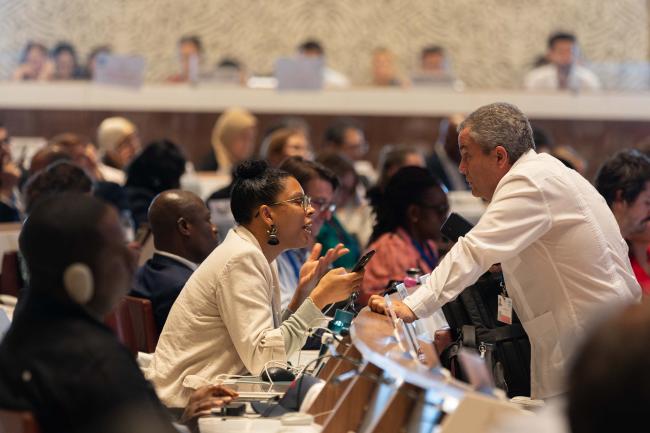 Delegates consult during the session