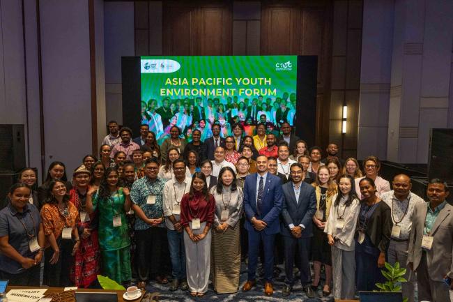 After a full day of interactive discussions, youth delegates attending the Asia Pacific Youth Environment Forum gather for a family photo