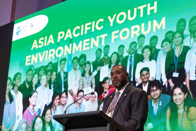 Mosese Bulitavu, Minister for Environment and Climate Change, addresses the participants during the Youth Environment Forum