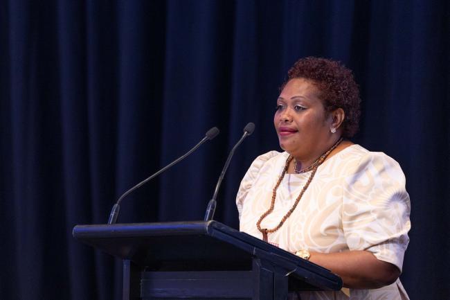 Alitia Bainivalu, Minister for Fisheries and Agriculture, addresses the Business Forum
