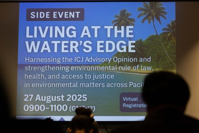 Delegates attend the side event "Living at the Water's Edge" to discuss the ICJ Advisory Opinion and how to strengthen environmental rule of law