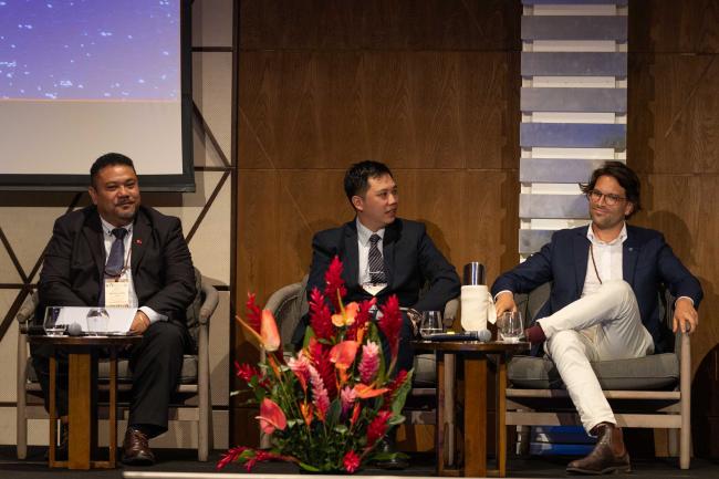 Panel speakers: Sione Akauola, CEO of Tonga’s Ministry of Meteorology, Energy, Information, Disaster Management, Environment, Climate Change and Communications (MEIDECC); Johnson Kao, Tzu Chi Foundation; and Sandro Demaio, Director, WHO Asia-Pacific Centre for Environment and Health 