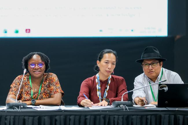 From L-R: Sikeade Egbuwalo and Jennifer Tauli Corpuz, Co-Chairs of the contact group on proposed elements for guidelines related to the Programme of Work on Article 8(j); and Q”apaj Conde Choque, CBD Secretariat