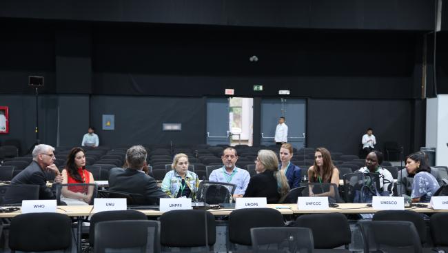 Participants conferring before the morning plenary