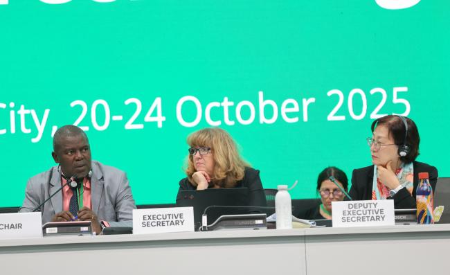 From L-R: From L-R: SBSTTA 27 Chair Jean Bruno Mikissa, Gabon; CBD Executive Secretary Astrid Schomaker; and CBD Deputy Executive Secretary Jihyun Lee
