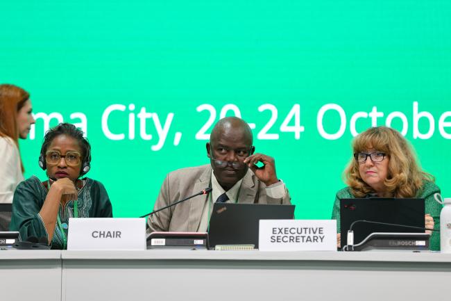 From L-R: SBSTTA 27 Secretary Sakhile Silitshena; SBSTTA 27 Chair Jean Bruno Mikissa, Gabon; and CBD Executive Secretary Astrid Schomaker