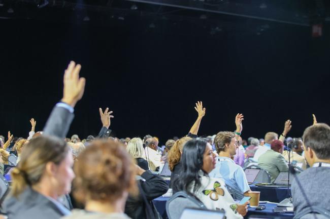 A participants raises their hand to ask for the floor. 