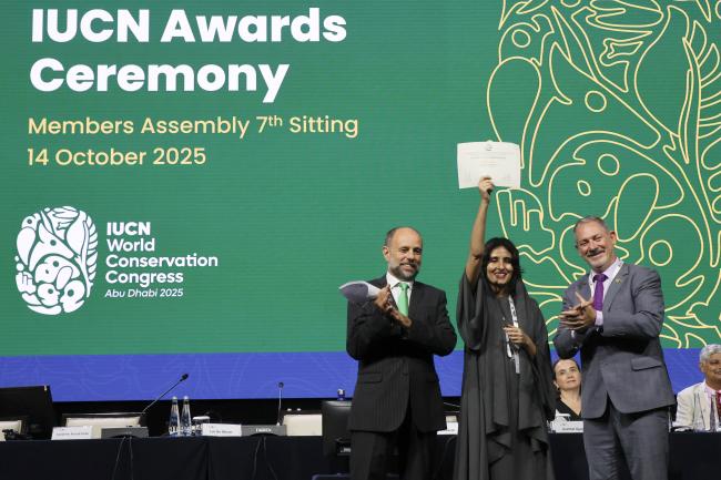 Pedro Menezes, National Director, Protected Areas, Ministry of the Environment and Climate Change, Brazil, Razan Al Mubarak, President, IUCN, and Sidney Leon Romeiro, Ambassador of Brazil to the UAE