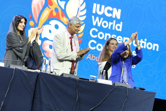 The members of the panel applause for Sylvia Earle, Founder, Mission Blue, who received the IUCN Honorary Membership.