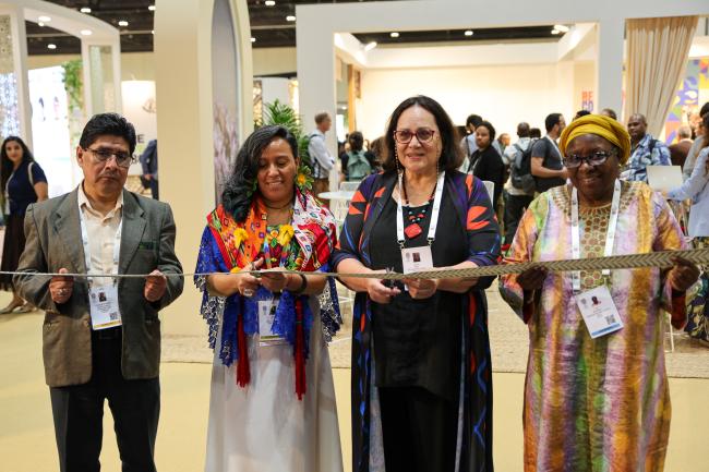 From L-R: Ramiro Batzin, Co-Chair, IIFB, and Vice President, IUCN; Anita Tzec, Maya Yucatec leader and Senior Programme Officer on Indigenous Peoples and Conservation, IUCN; Aroha Te Pareake Mead, Maori researcher; and Lucy Mulenkei, IIFB Co-Chair and Executive Director, Indigenous Information Network (IIN)