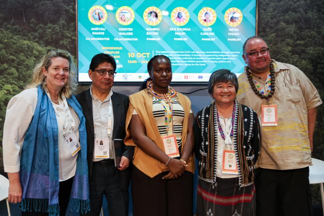From L-R: Kristen Walker-Painemilla, Senior Vice President of Inclusive Finance, Conservation International; Ramiro Batzin, Co-Chair, IIFB, and Vice President, IUCN; Vivian Silole Kaunga, Inclusive Conservation Initiative; Joan Carling, Executive Director, Indigenous Peoples Rights International; and Kevin Chang, Executive Director of Kuaʻāina Ulu ʻAuamo, Hawaii