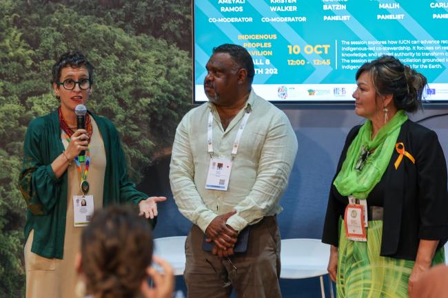 From L-R: Verónica Ruíz García, Senior Manager, Climate, Nature and People, IUCN; Barry Hunter, CEO, NAILSMA; and Rosanne Casimir, Kukwpi7 Chief