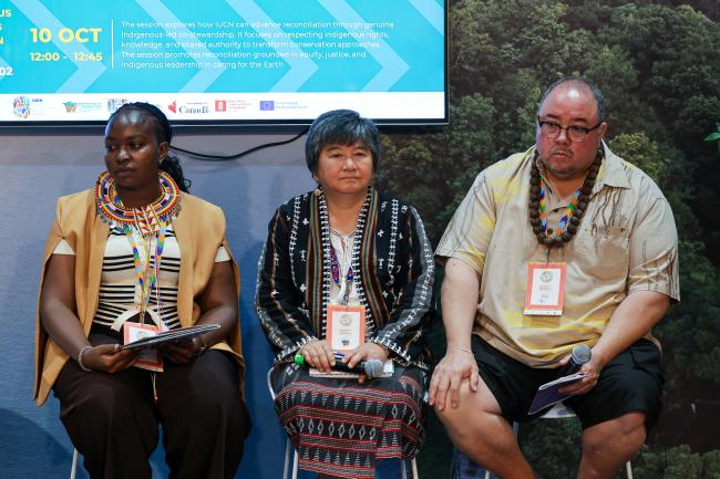 From L-R: Vivian Silole Kaunga, Inclusive Conservation Initiative;Joan Carling, Executive Director, Indigenous Peoples Rights International; and Kevin Chang, Executive Director of Kuaʻāina Ulu ʻAuamo, Hawaii