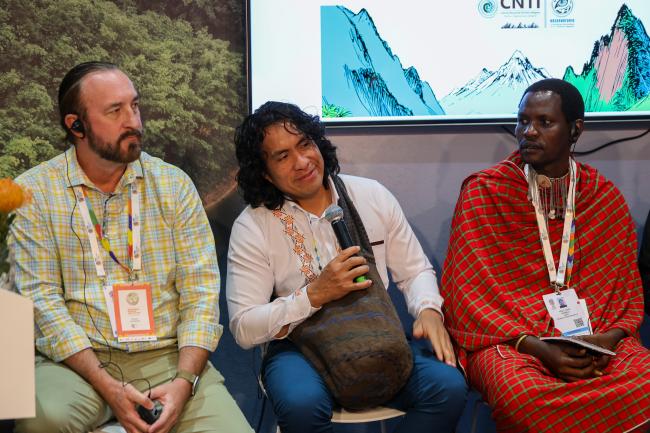 From L-R: David Gadsden, Director of Conservation Solutions, Environmental Systems Research Institute; Camilo Niño, Indigenous Technical Secretary, National Commission of Indigenous Territories; and Fred Loure Parmelo, Ujamaa Community Resource Team, Tanzania