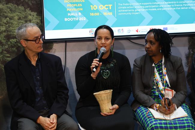 From L-R: Kerry Max, Deputy Director, Partnering for Climate, Global Affairs Canada; Erica McCreedy, Chief Operating Officer, North Australian Indigenous Land and Sea Management Alliance; and Paine Mako, Executive Director, Ujamaa Community Resource Team, Tanzania