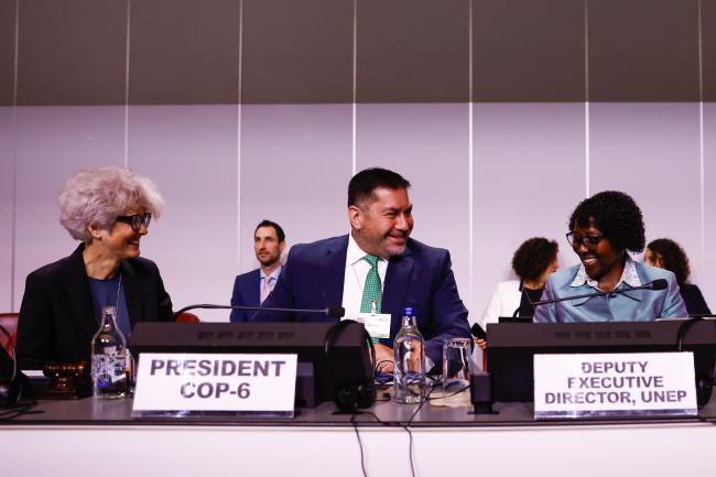 3_Katrin Schneeberger, Director of the Federal Office for the Environment, Switzerland, Osvaldo Patricio Álvarez Pérez, Chile, Elizabeth Maruma Mrema, UNEP_MinamatCOP6_03Nov25_photo.jpg