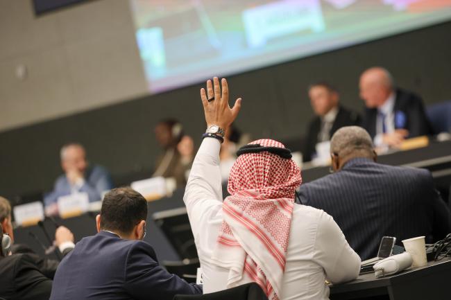 Delegates raise their hands to ask for the floor. 