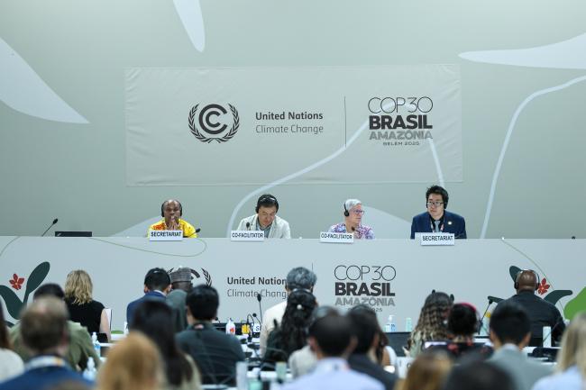 From L-R: Perumal Arumugam, UNFCCC Secretariat; Informal consultations on Paris Agreement Article 6.4 Co-Facilitators Sonam Tashi, Bhutan, and Kate Hancock, Australia; and Kenjiro Suzuki, UNFCCC Secretariat