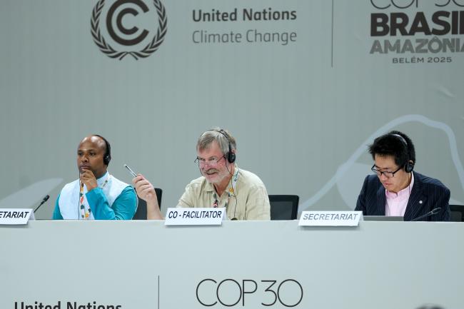 From L-R: Perumal Arumugam, UNFCCC Secretariat; Co-Facilitator for informal consultations on the Kyoto Protocol international transaction log Peer Stiansen, Norway; and Kenjiro Suzuki, UNFCCC Secretariat