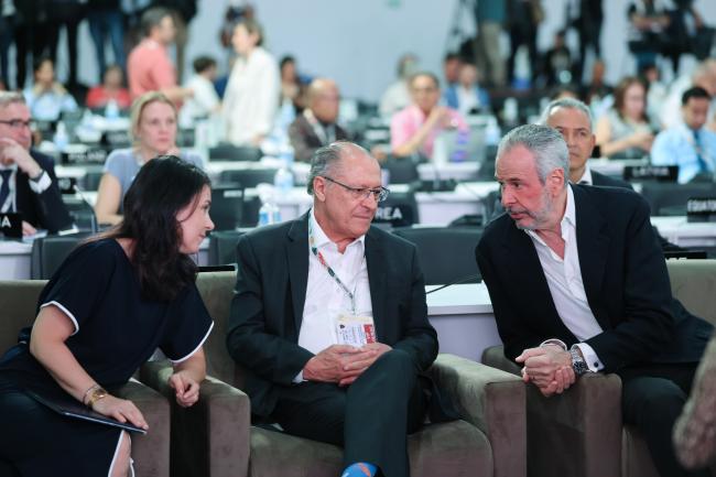 From L-R: Annalena Baerbock, President of the 80th session of the UN General Assembly (UNGA 80); Geraldo Alckmin Vice-President of Brazil; and COP 30 President André Corrêa do Lago