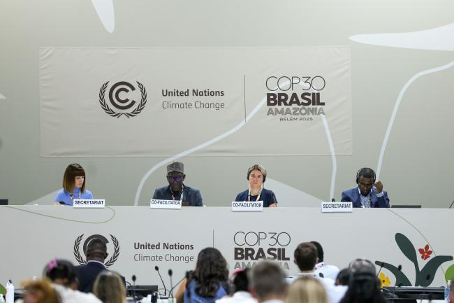 View of the dais during informal negotiations on Article 6.8 of the Paris Agreement