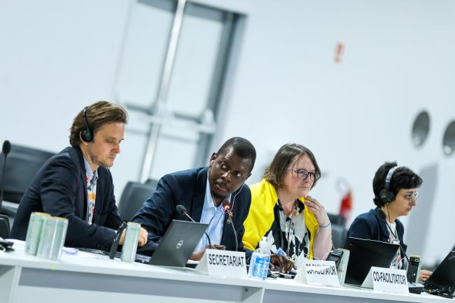 From L-R: Moritz Weigel, UNFCCC Secretariat; and Co-Facilitators for informal consultations on the technology implementation programme Omar Alcock, Jamaica, and Elfriede More, Austria; Sousan Torabiparizi, UNFCCC Secretariat