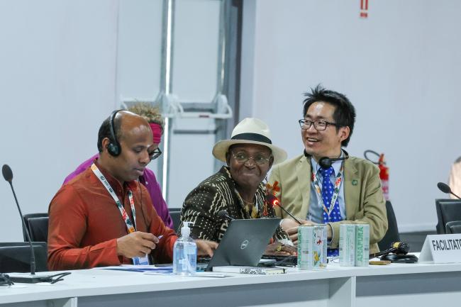 From L-R: Perumal Arumugam, UNFCCC Secretariat; Princess Abze Djigma, Burkina Faso, Facilitator for informal consultations on budgetary matters relating to the ITL; and Kenjiro Suzuki, UNFCCC Secretariat