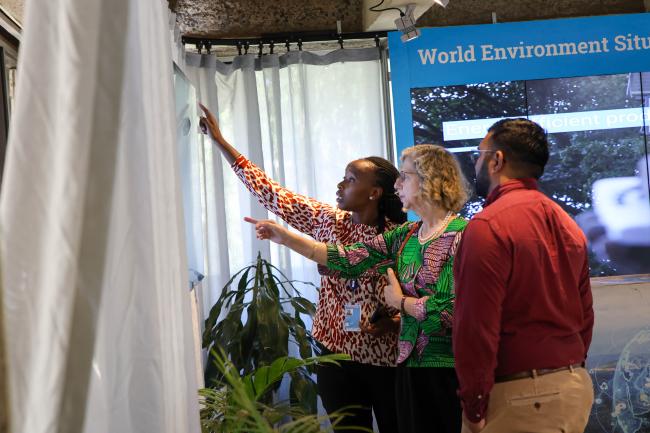 UNEP staff show Inger Andersen, Executive Director of UNEP, an interactive map featuring the Environmental Policy Tracker on air pollution.