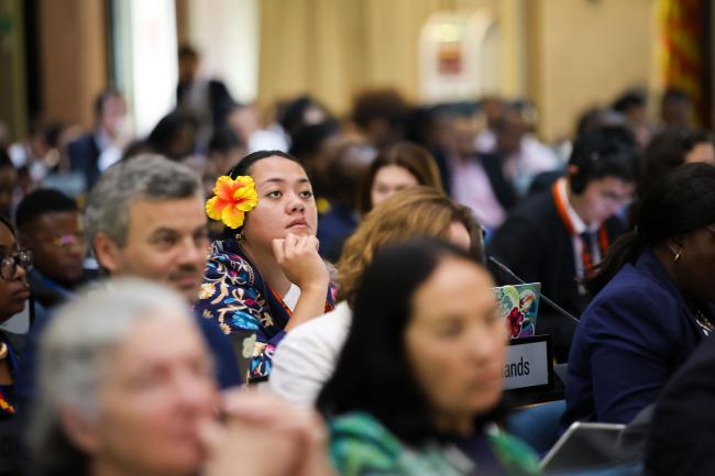 Delegates listen to the opening statements. 