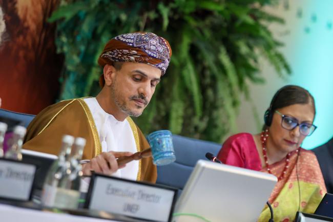 UNEA-7 President Abdullah Bin Ali Al-Amri, Oman, gavels the adoption of various decisions. 