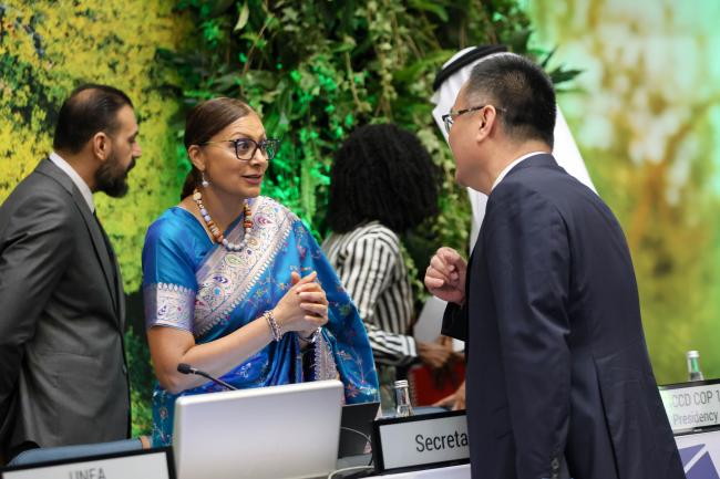 Radhika Ochalik, Secretary, Governing Bodies and Stakeholders, UNEP, discusses with a delegate from China. 