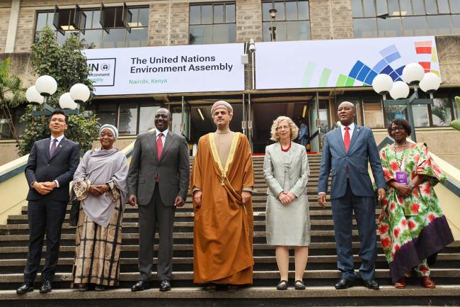 L-R: Lok Bahadur Thapa, President, Economic and Social Council, Zainab Hawa Bangura, Director-General, UN Office at Nairobi (UNON), William Ruto, President of Kenya, UNEA-7 President Abdullah Bin Ali Al-Amri, Oman, Inger Andersen, Executive Secreatry, UNEP, Prosper Bazombanza, Vice-President of Burundi, and Elizabeth Maruma Mrema, Deputy Executive Director, UNEP 