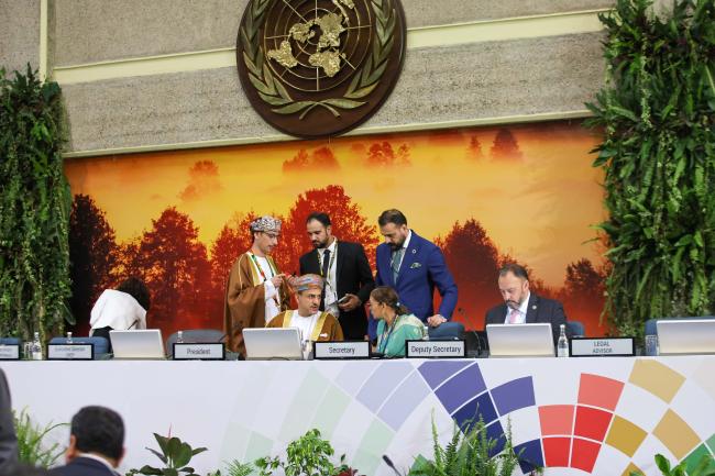 UNEA-7 President Abdullah Bin Ali Al-Amri consults with Radhika Ochalik, Secretary, Governing Bodies and Stakeholders, UNEP