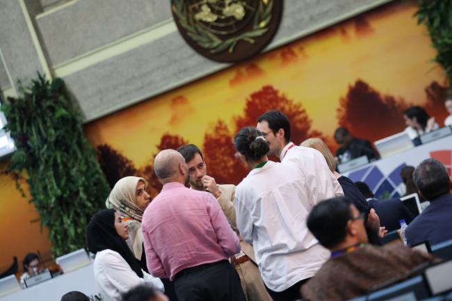 Delegates discuss in a huddle during a Cluster C session.