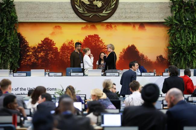 Members of the Secretariat consult. 