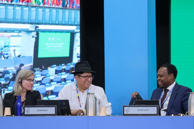 From L-R: Chantal Robichaud, Q”apaj Conde Choque, and Olivier Rukundo, CBD Secretariat