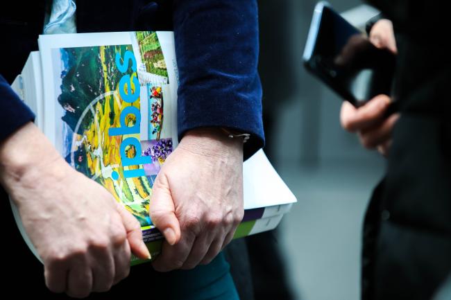 A stakeholder holds printed IPBES reports.