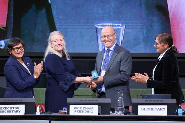Vice-Chair Johanna Lissinger-Peitz, Sweden, passing the gavel to the new INC Chair Julio Cordano, Chile