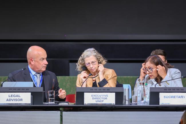 From L-R: Stadler Trengove, Principal Legal Officer, UNEP; UNEP Executive Director Inger Andersen; and Radhika Ochalik, Meeting Secretary