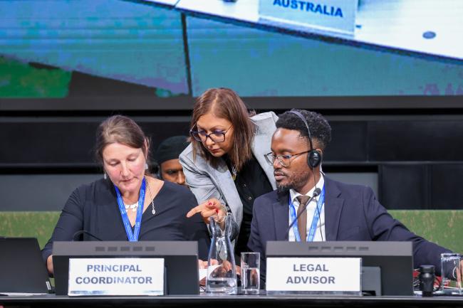 From L-R: Tessa Goverse, Principal Coordinator and Head of the Interim Secretariat; Radhika Ochalik, Meeting Secretary; and Alvin Gachie, Legal Officer, UNEP