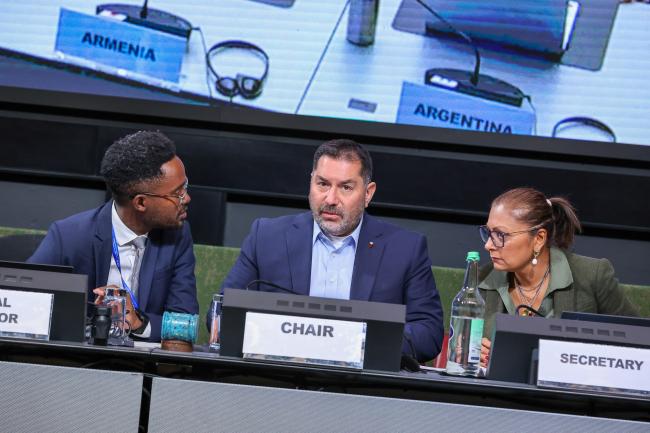From L-R: Alvin Gachie, Legal Officer, UNEP; ISP-CWP Chair Osvaldo Álvarez Pérez, Chile; and Radhika Ochalik, Meeting Secretary