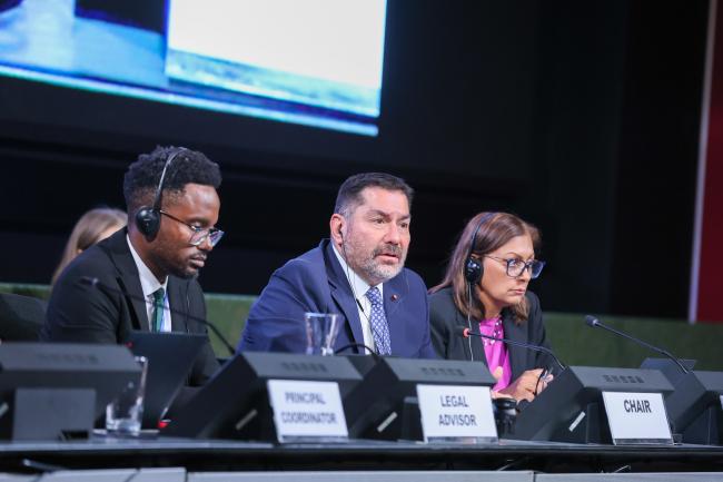 From L-R: Alvin Gachie, Legal Officer, UNEP; ISP-CWP Chair Osvaldo Álvarez Pérez; and Radhika Ochalik, Meeting Secretary