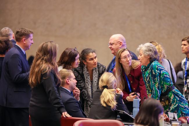 Gudi Alkemade, the Netherlands (right), facilitator of the contact group on the rules of procedure, consulting with delegates from the US, Canada, and the EU
