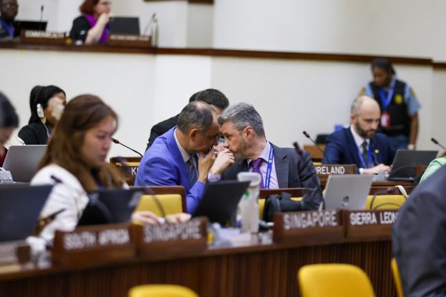 Delegates consult during the session. 